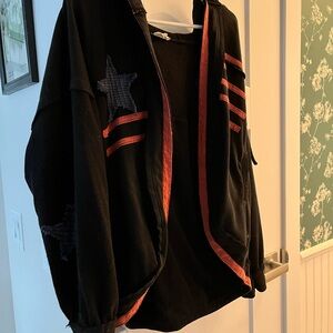 POL Black Hoodie Jacket with Red Trim and Navy Star Accent